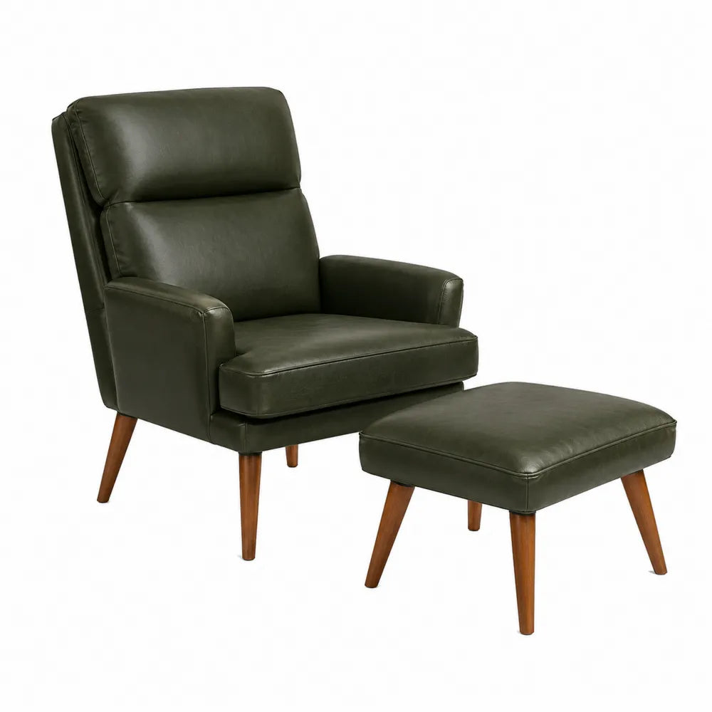 Faux Leather Armchair with Ottoman Set Wood Legs