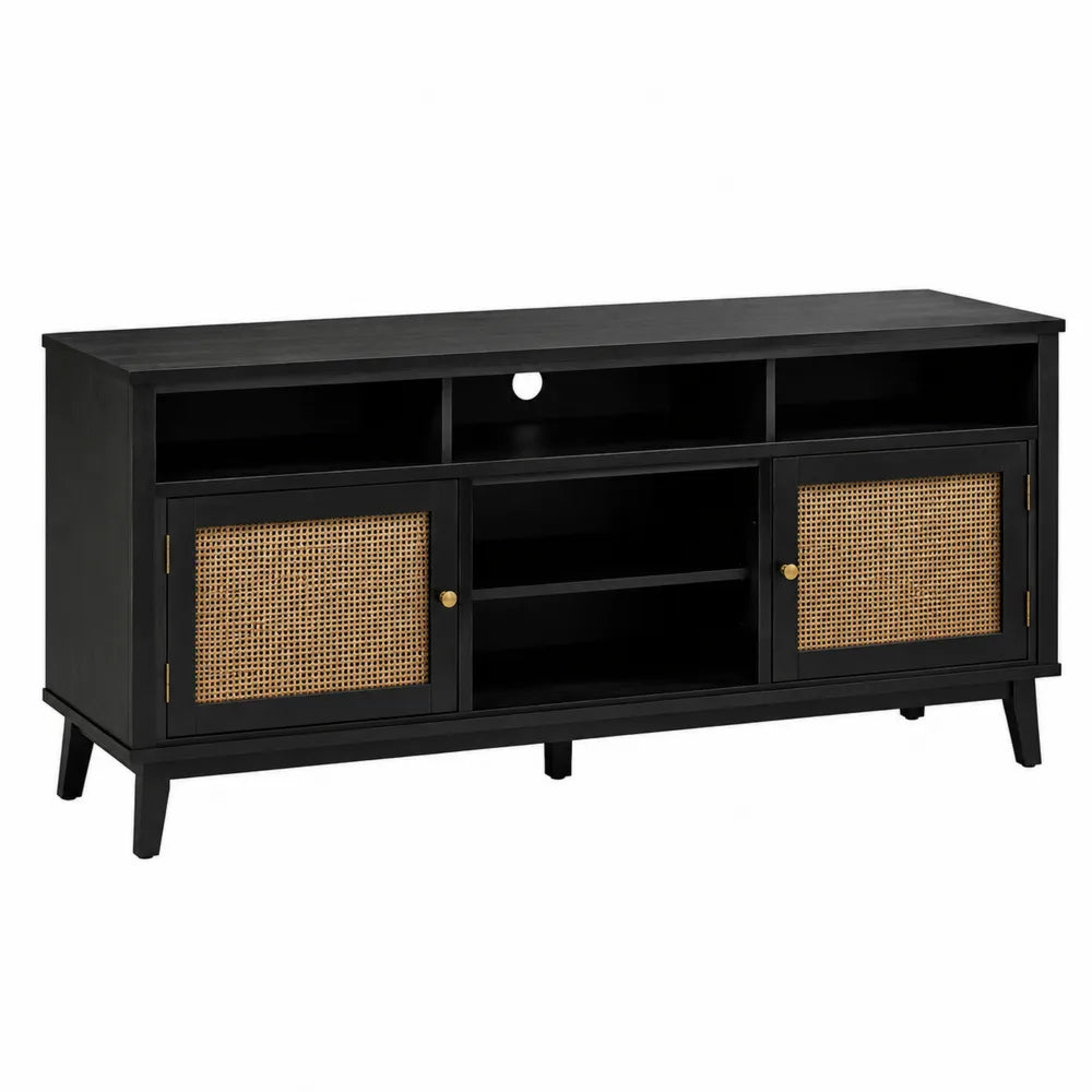 Black Wood TV Stand with Rattan Doors 52 Inches