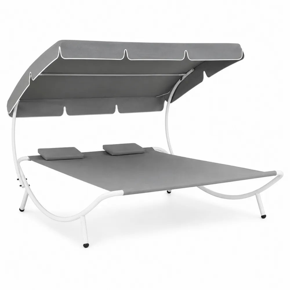 Outdoor Double Lounger with Canopy Gray Steel Frame