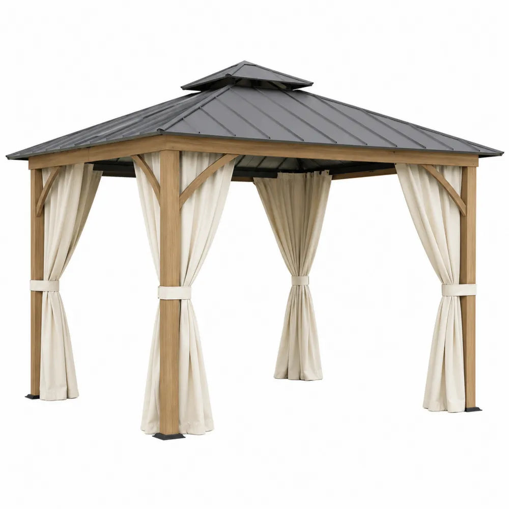 Rectangular Steel and Aluminum Gazebo with Polyester Curtains
