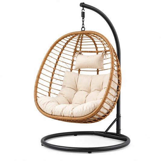 Hanging Egg Chair Rattan Wicker Beige Cushion with Stand