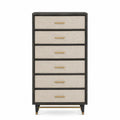 Tall 6-Drawer Wood and Linen Dresser Black/Beige 160cm