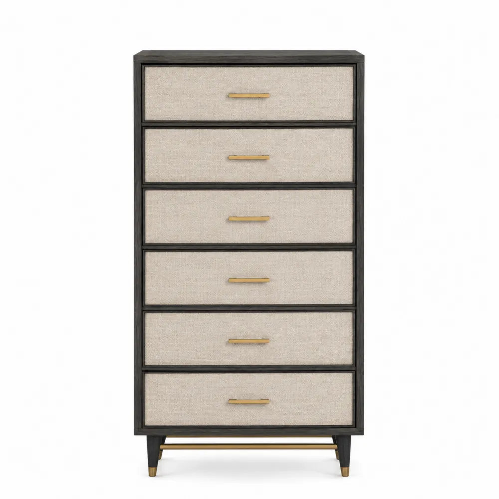 Tall 6-Drawer Wood and Linen Dresser Black/Beige 160cm