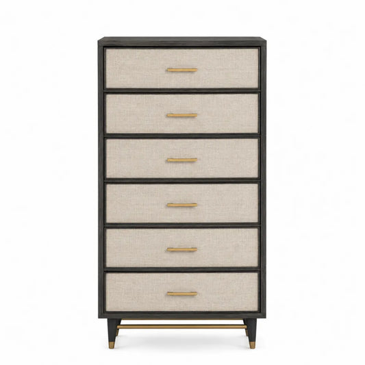 Tall 6-Drawer Wood and Linen Dresser Black/Beige 160cm