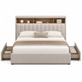 Beige Queen Bed with Storage Drawers and Polyester Upholstery