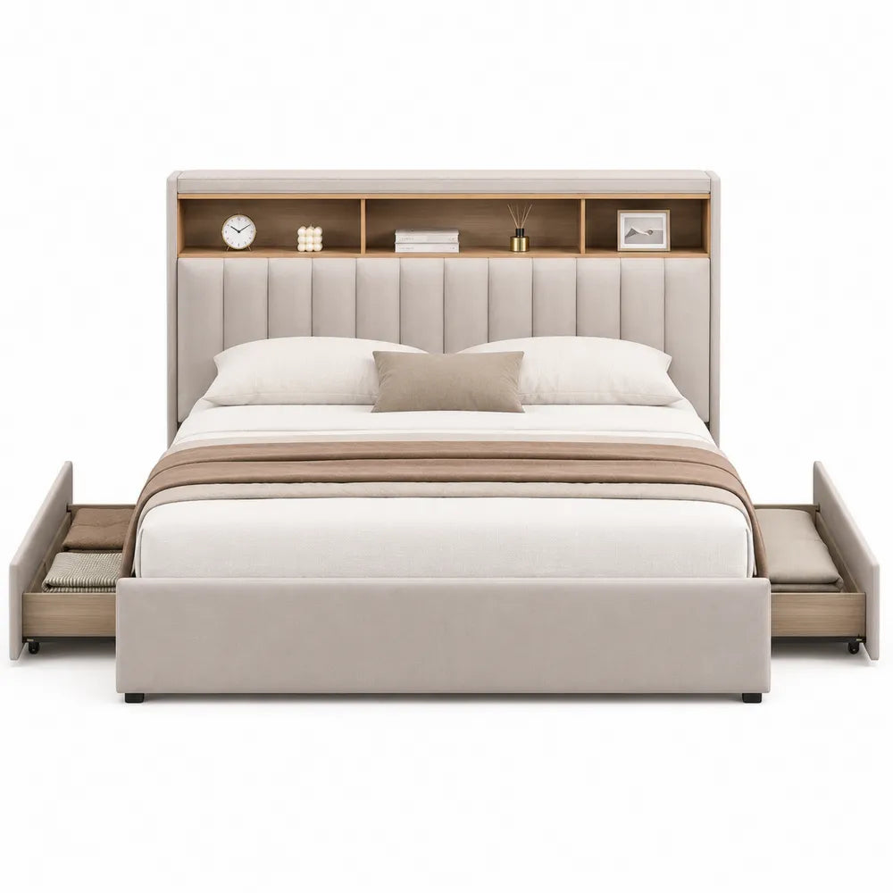 Beige Queen Bed with Storage Drawers and Polyester Upholstery
