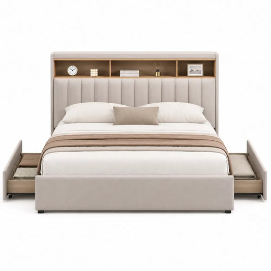 Beige Queen Bed with Storage Drawers and Polyester Upholstery