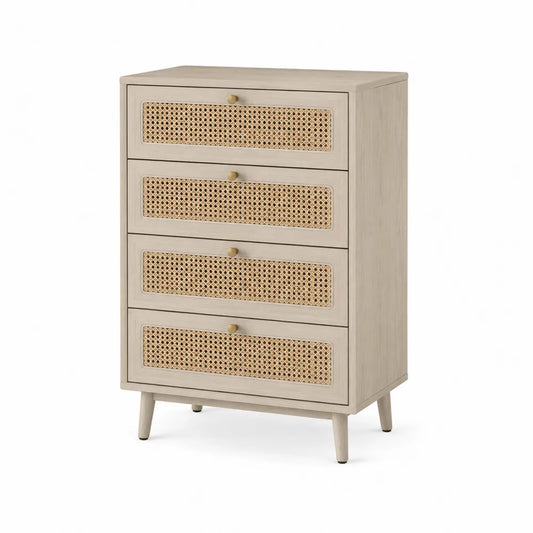 Wooden Chest of Drawers with Cane Inlay, 4-Drawer, Beige