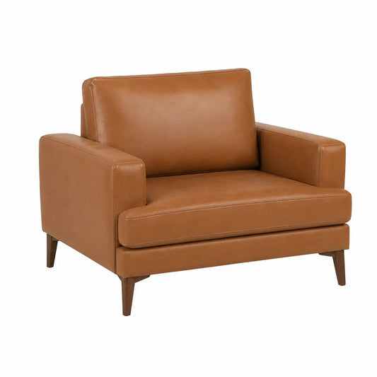 Brown Leather Armchair with Wooden Legs