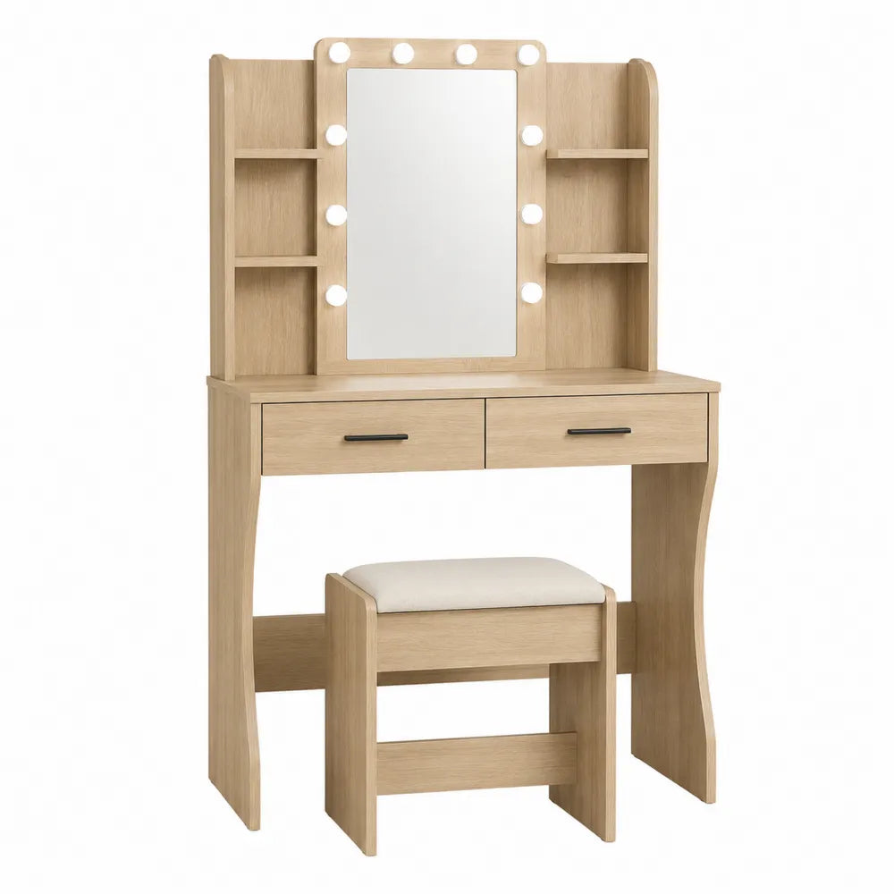 Oak Wood Vanity Set with LED Mirror and Stool