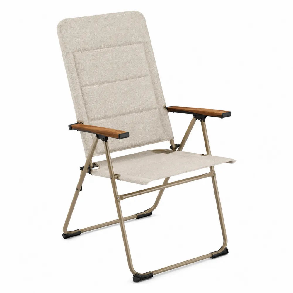 Beige Fabric Steel Frame Folding Chair with Wood Armrests