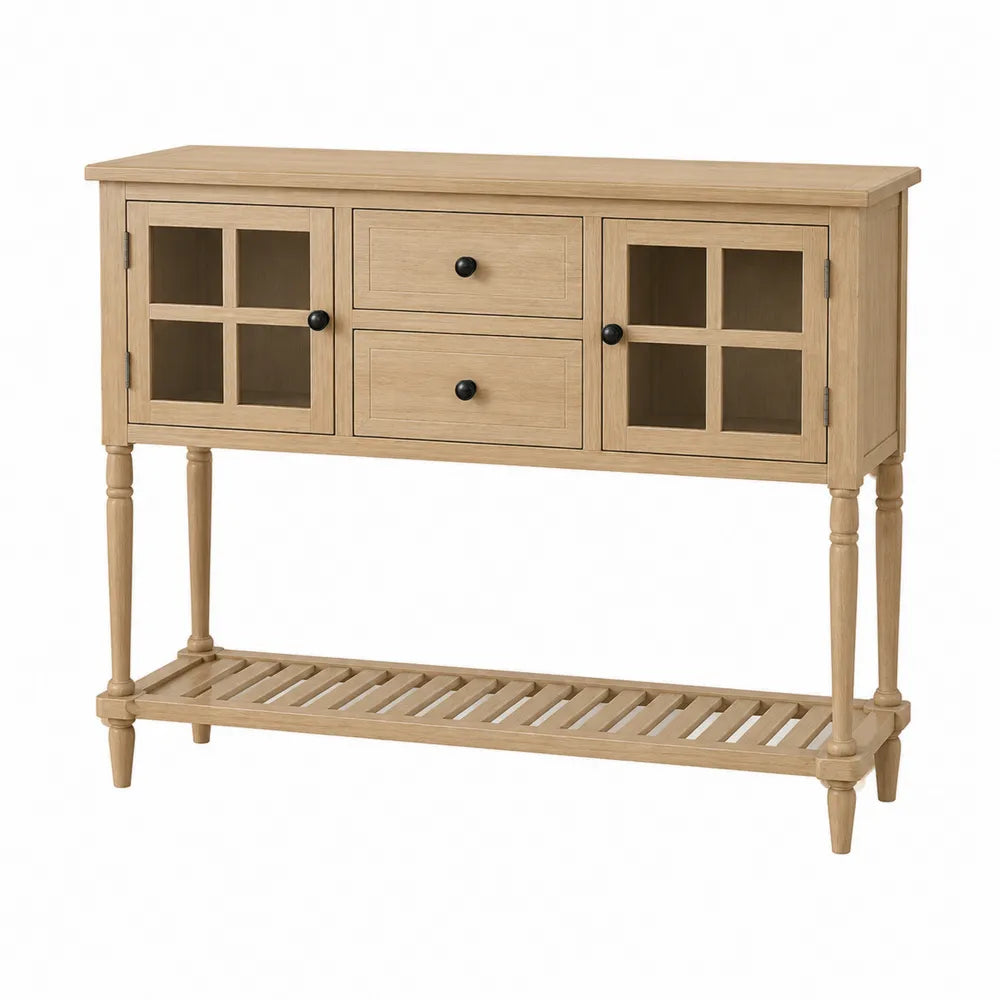 Solid Oak Console Table with Tempered Glass Doors and Drawers