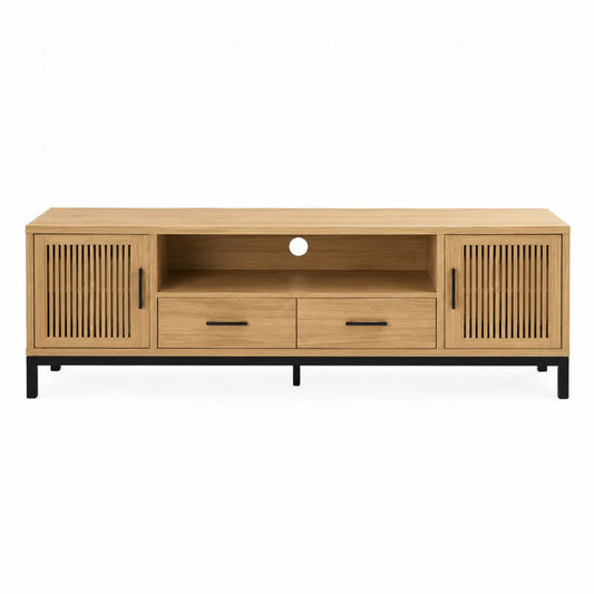 Wood TV Stand with Metal Frame and Slatted Doors 150x40x55 cm