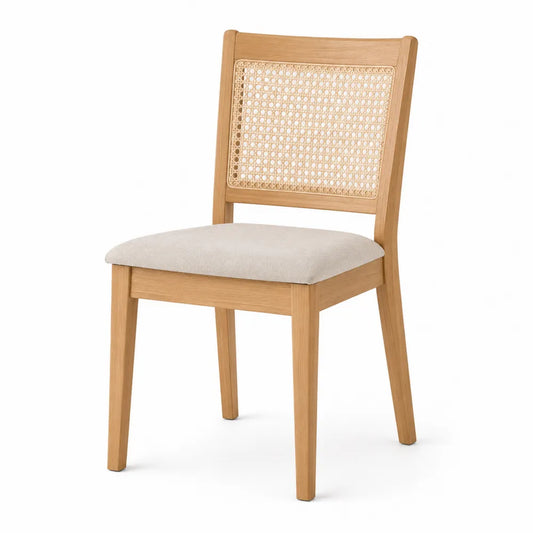 Cane Back Solid Wood Dining Chair with Beige Upholstered Seat