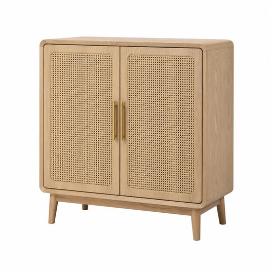 Solid Wood Sideboard with Rattan Doors and Brass Handles
