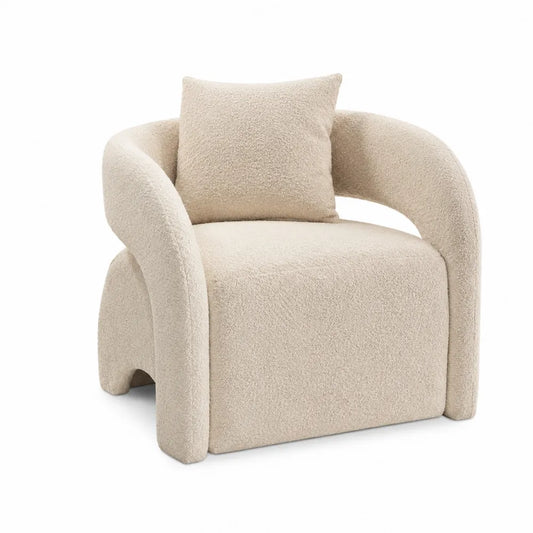 Beige Bouclé Fabric Armchair with Pillow 85cm