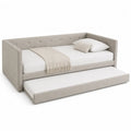 Beige Trundle Daybed with Upholstered Fabric and Engineered Wood Frame, Twin Size