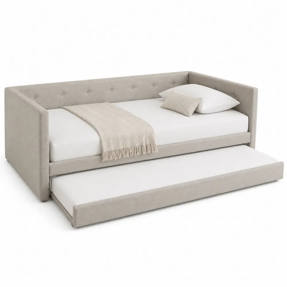 Beige Trundle Daybed with Upholstered Fabric and Engineered Wood Frame, Twin Size