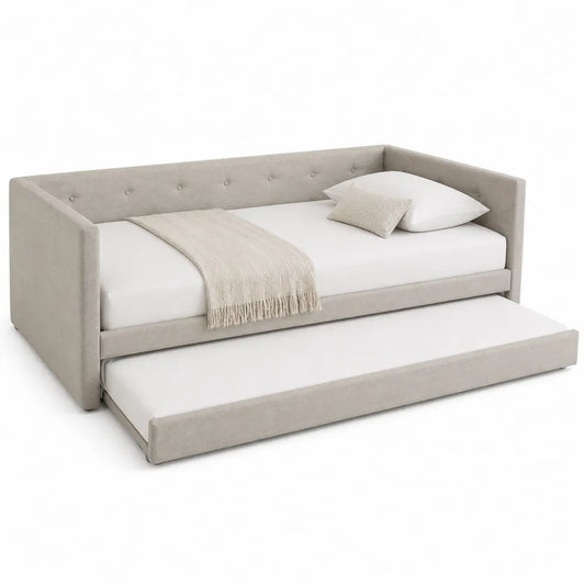 Beige Trundle Daybed with Upholstered Fabric and Engineered Wood Frame, Twin Size