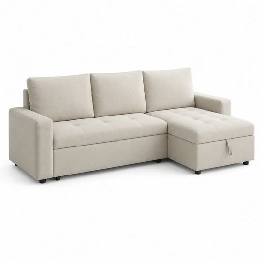 Sectional Sofa Polyester Fabric Beige with Storage 220cm x 140cm