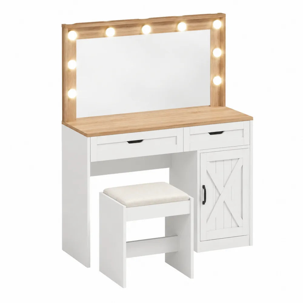 Wood and MDF Vanity Set with Mirror Lights and Stool, White and Oak