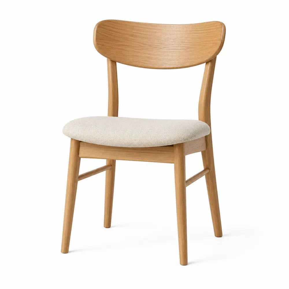 Oak Wood Dining Chair with Beige Upholstered Seat