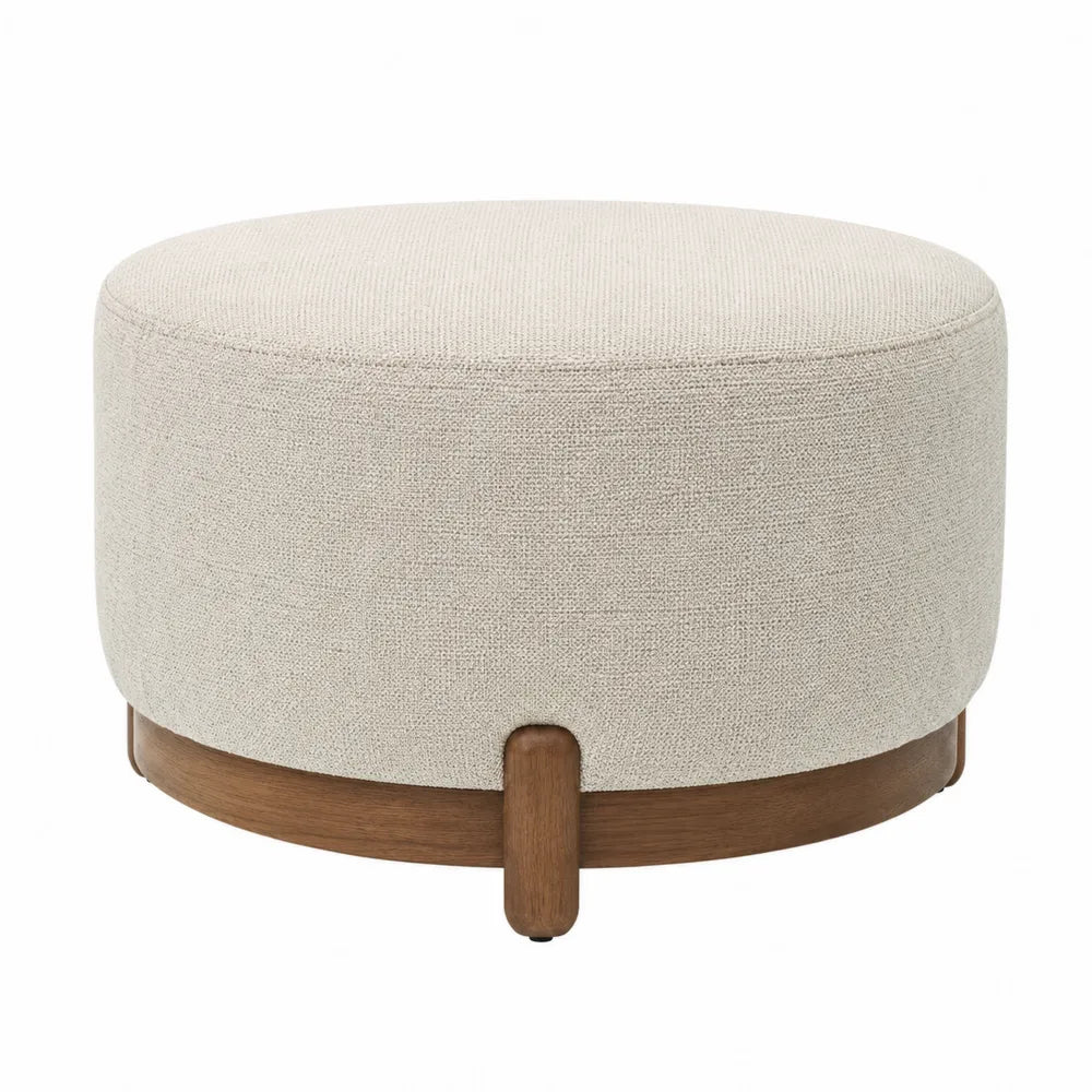 Round Fabric Ottoman with Solid Wood Base Beige 60cm