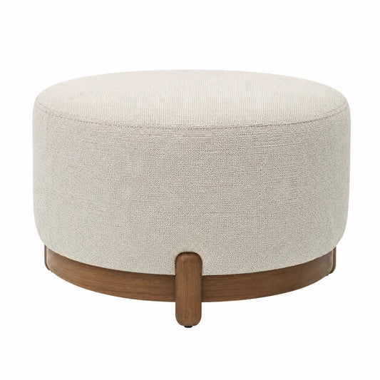 Round Fabric Ottoman with Solid Wood Base Beige 60cm
