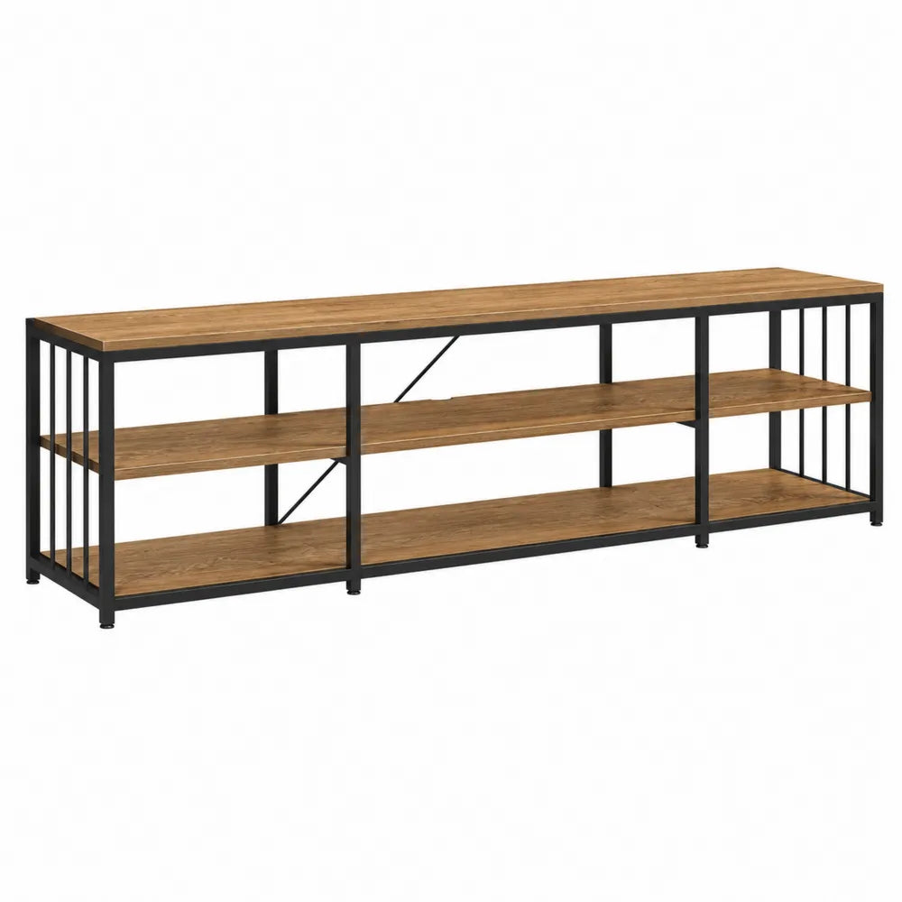 Rectangular Wood and Metal TV Stand with Open Shelving, Brown and Black, 180 cm