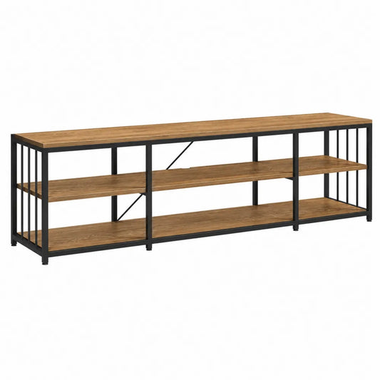 Rectangular Wood and Metal TV Stand with Open Shelving, Brown and Black, 180 cm