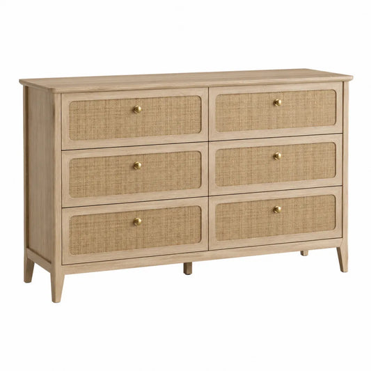 Wooden Dresser with Rattan Drawers Beige 6-Drawer 59in x 18in x 35in