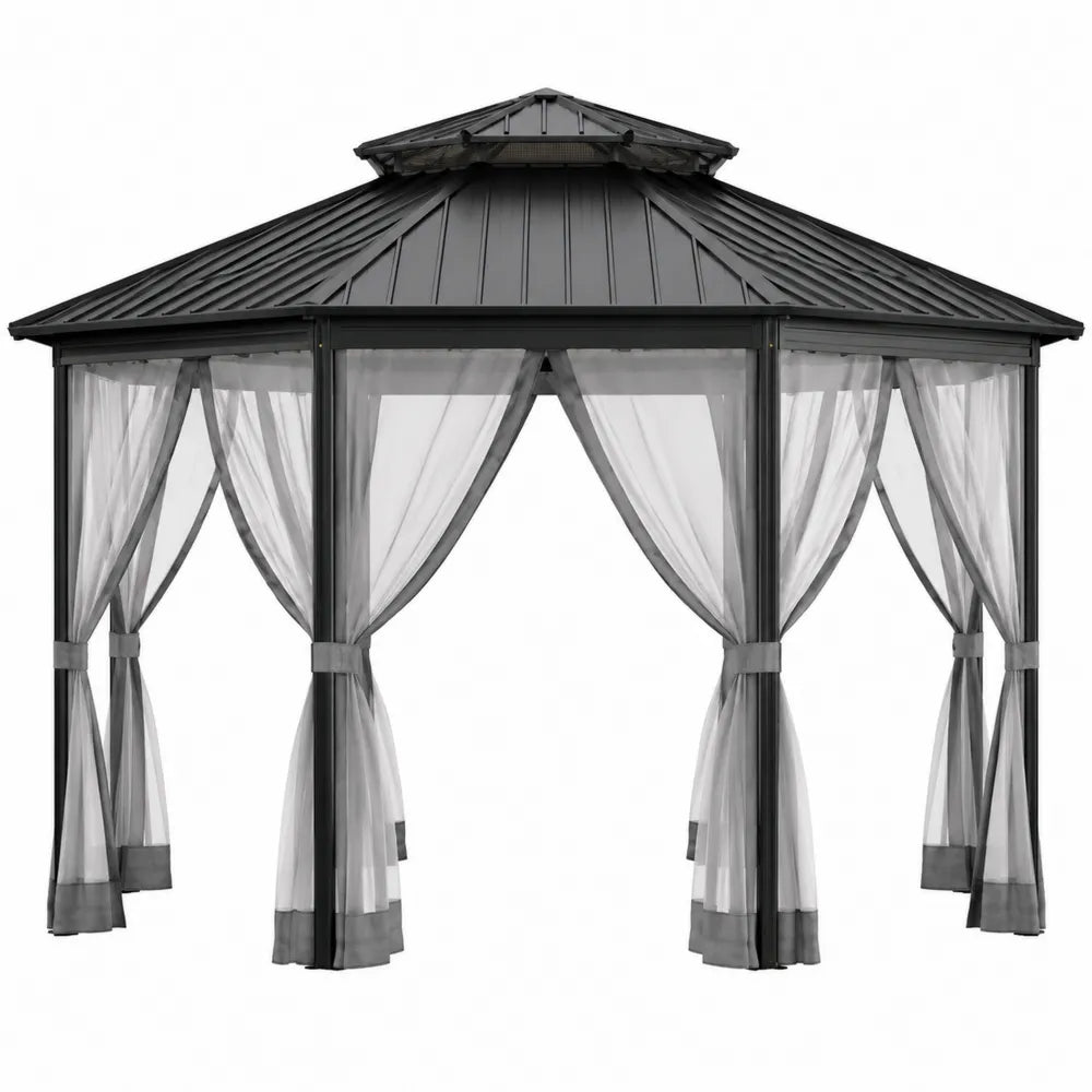 Outdoor Gazebo Steel Frame with Polycarbonate Roof and Gray Curtains Black 3m x 3m
