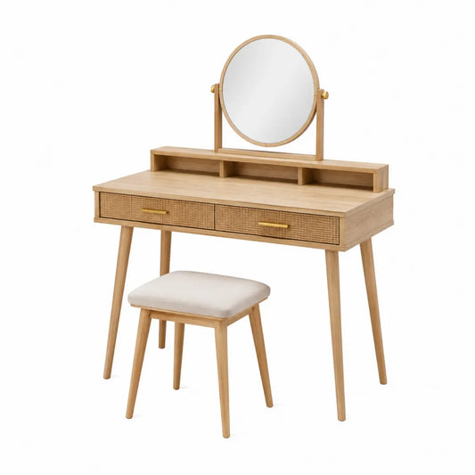Wood Vanity Set with Mirror and Stool Light Oak