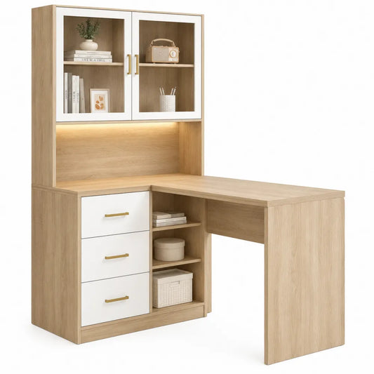 L-Shaped Desk with Hutch Wood MDF Oak/White 140cm x 120cm x 150cm