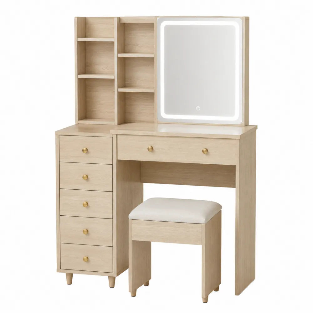 Wooden Vanity Table Set with LED Mirror and Stool