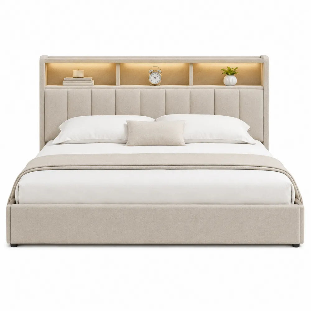 Fabric King Bed with Storage Headboard
