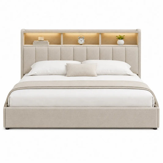 Fabric King Bed with Storage Headboard