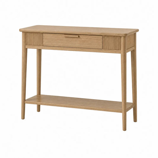 Wood Console Table with Drawer and Shelf in Oak Finish