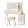Beige Vanity Set with LED Mirror, Stool, 2 Drawers, 3 Shelves