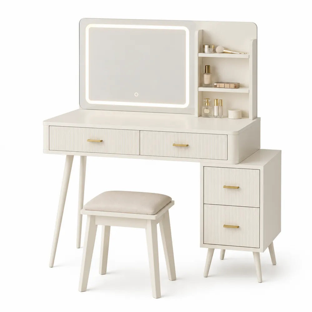 Beige Vanity Set with LED Mirror, Stool, 2 Drawers, 3 Shelves