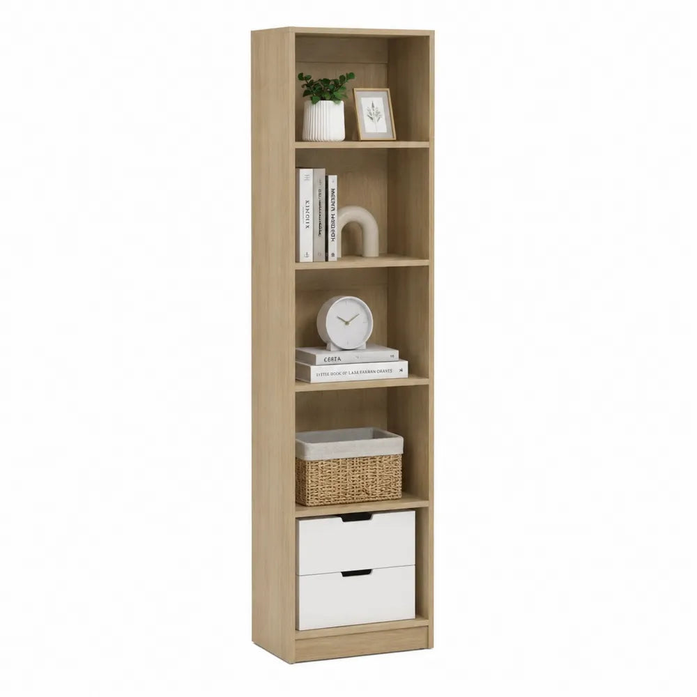 Tall Rectangular Engineered Wood Bookcase with Drawers, 180cm x 50cm x 25cm, Oak
