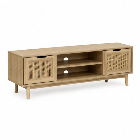 Wood TV Stand with Rattan Sliding Doors 130cm x 40cm x 50cm